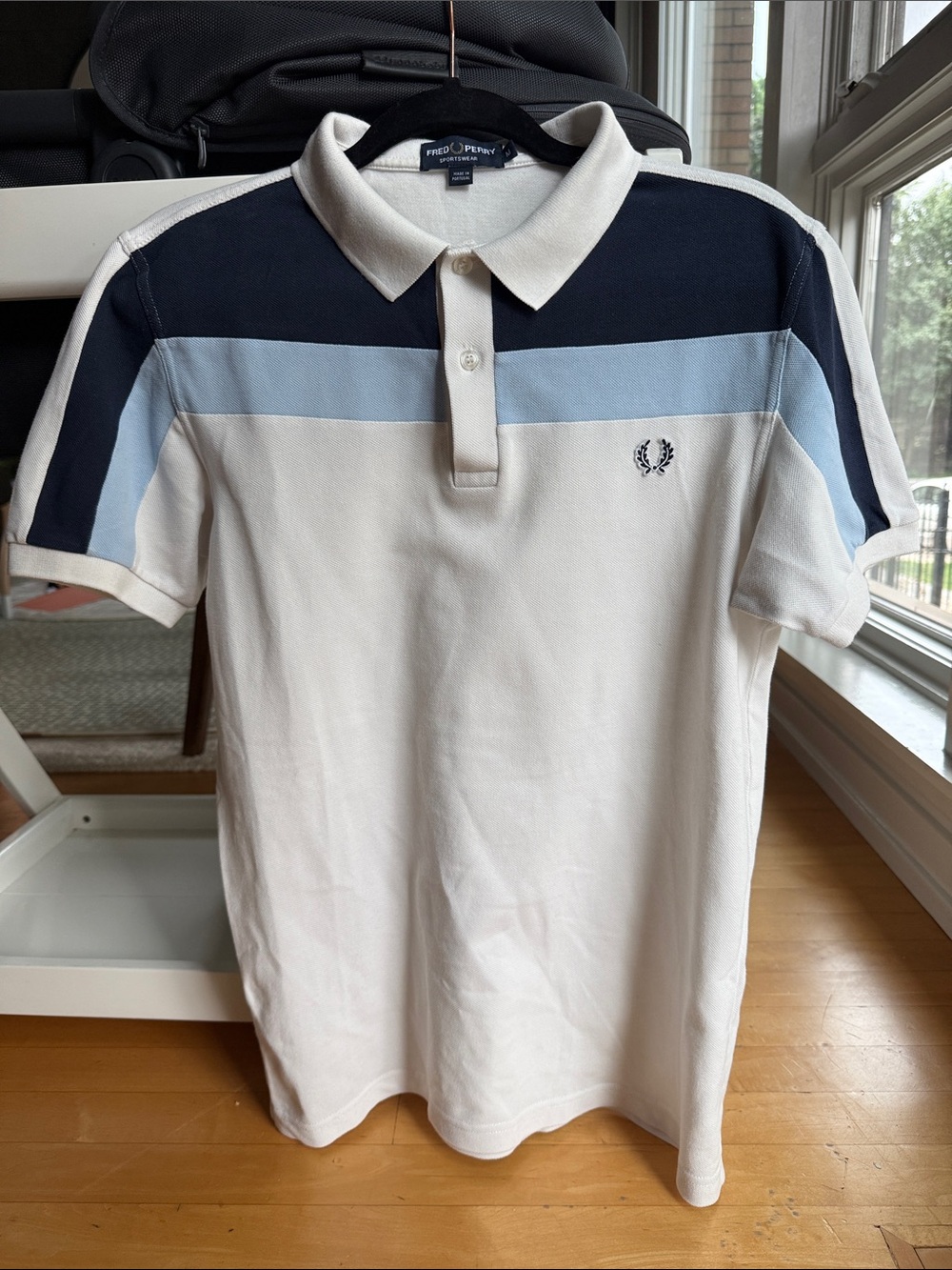 Fred Perry Men’s White Polo with Navy and Light Blue Panels
